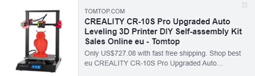 CREALITY CR-10S Pro Upgraded Auto Leveling 3D Printer DIY Self-assembly Kit Price: $469.99 Delivered from EU Warehouse CREALITY CR-10S Pro Upgraded Auto Leveling 3D Printer DIY Self-assembly Kit Price: $469.99 Delivered from EU Warehouse